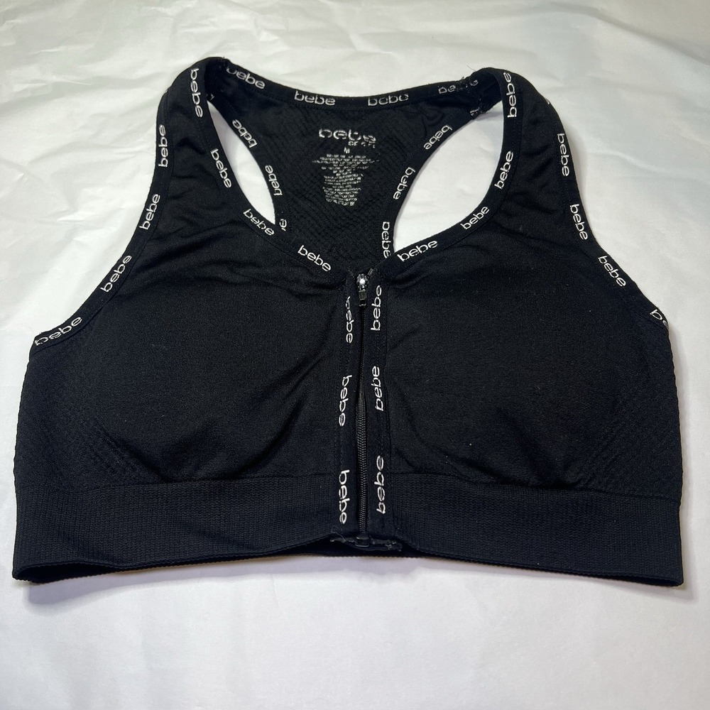 BEBE Size M Womens Black Lined Wireless Front Closure Racer Back Sports Bra